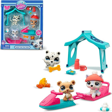 BANDAI Littlest Pet Shop Snow Day Set BF00534 Includes 3 Pets, 3 Accessories, 1 Collector Card, 1 Virtual Code, 1 Snowmobile, 1 Sled, Generation 7 (#107, #108, #109),4 Years+