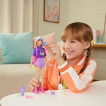 Barbie Malibu Doll Outdoor Adventures and Accessories with Adventure Outfit and Over 10 Camping Themed Accessories, Including A Puppy, JJV59