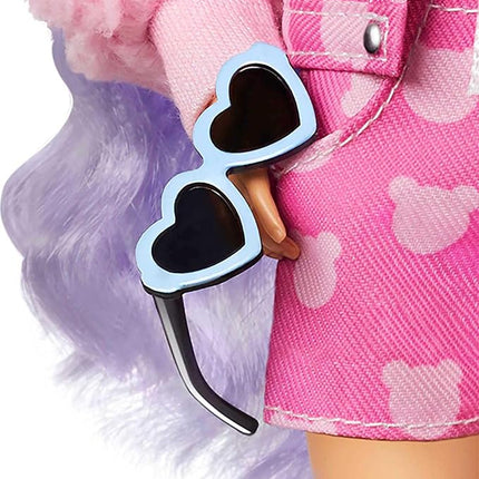 Barbie Extra Doll & Accessories with Long Periwinkle Hair, Teddy Bear-Print Denim Jacket, Matching Shorts & Pet Puppy