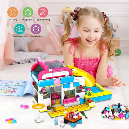HOGOKIDS 3-in-1 Girls Camper Van Building Set - 494PCS Summer Beach Camping Building Blocks Sets | Food Truck Toys with Slide and Stickers | Easter Gifts for Girls Boys Age 6 7 8 9 10 11 12+
