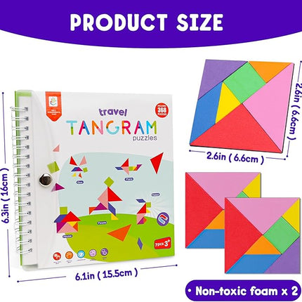 Travel Tangram Puzzle with 2 Sets Magnetic Jigsaw Boards & 368 Patterns and Solutions, Montessori STEM Airplane & Road Trip Games, Educational Brain Teaser Toy Gift for Kids & Adults