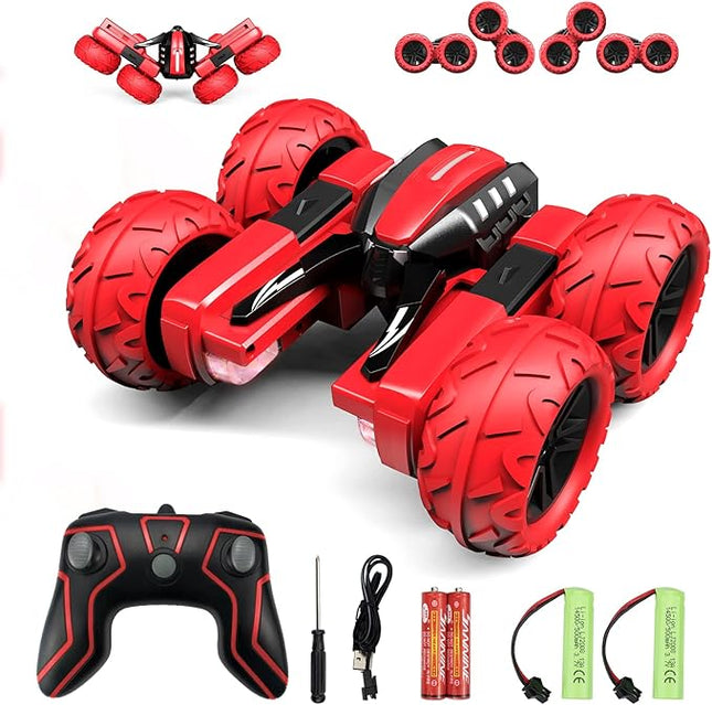 Remote Control Car for 6-12 Years Old Boys Girls Birthdays Present Gift, Hobby RC Car Stunt with LED Light Electric 4WD 2.4Ghz Double Sided Rotating Racing Vehicle 360° Flips Offroad Kids Toy Red