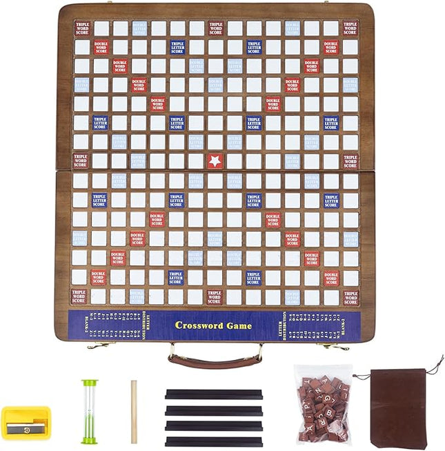 Wooden Folding Crossword Board Game – Word Game Set with 100 Letter Tiles, Sand Timer, Pencil, Racks & Bag – Portable Wooden Game for Adults & Family