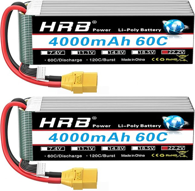 HRB 6S Lipo Battery XT90 4000mAh 60C Soft Case 22.2V RC Lipo Battery for RC Quadcopter Helicopter Car Truck Boat Hobby (2packs)