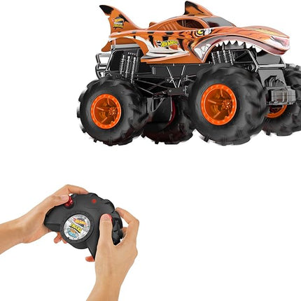 Hot Wheels Monster Trucks RC, 1:24 Scale Tiger Shark Vehicle, Oversized Remote-Control Toy Truck with Terrain Action Tires