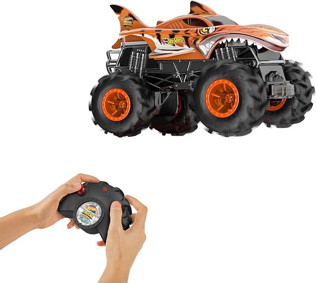 Hot Wheels Monster Trucks RC, 1:24 Scale Tiger Shark Vehicle, Oversized Remote-Control Toy Truck with Terrain Action Tires