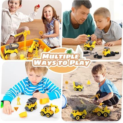 OENUX Play Sand Construction Set, Beach Building Castle Kit w/ 2.2lbs Play Sand, 4 Take Apart Construction Trucks Toys and Signs, Sensory Sandbox with Cover for Boy Girl Kid Toddlers Age 3-8