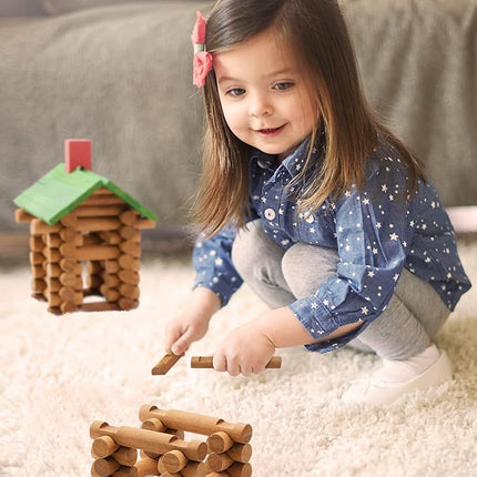 SainSmart Jr. 300 PCS Wooden Log Cabin Set Building House Toy for Toddlers, Classical STEM Construction Kit Compatible with Lincoln Logs for 3+ Kids