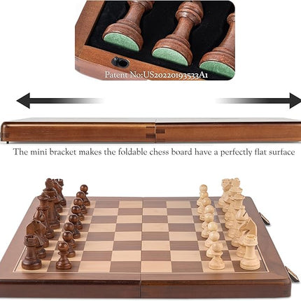 A&A 15" Magnetic Wooden Chess Set, Handmade 3" King Height Knight Staunton Chess Pieces with 2 Extra Queen, Folding Portable Travel Game Set