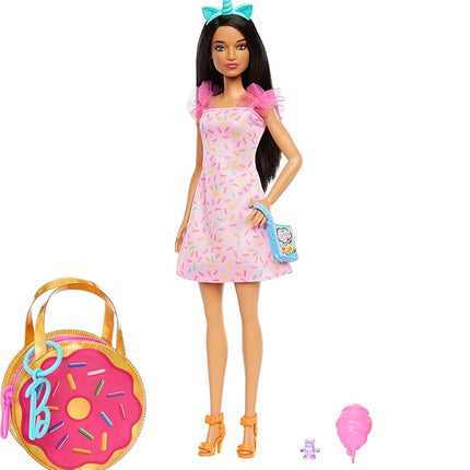 Barbie Clothes and Accessories, Deluxe Keychain Donut Bag with Pink Sprinkle Dress and Candy Themed Accessories for Barbie Dolls