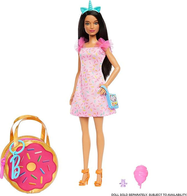 Barbie Clothes and Accessories, Deluxe Keychain Donut Bag with Pink Sprinkle Dress and Candy Themed Accessories for Barbie Dolls