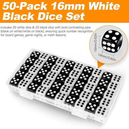 50 Pieces White Black Dice Set (16mm 6-Sided) - 25 White Dice and 25 Black Dice with Bold Pips for Board Games, Math Learning, Educational Activities, Family Game Nights