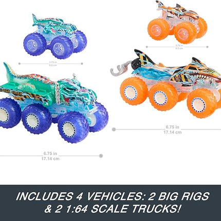 Hot Wheels Monster Trucks Multipack, 1:64 Scale Mega-Wrex & Tiger Shark Toy Trucks with Big Rigs in Matching Power Smashers Deco