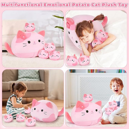 5 PCS Pink Sakura Cat Plush Stuffed Animal Family-19" Soft Pink Sakura Cat Plush, Large Mommy Plushies with 4 Baby Kittens Plushies, Kawaii Plush Toy Christmas Birthday Gifts for Kids Boys Girls