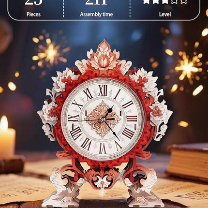 3D Wooden Puzzles for Adults, 3D Puzzles Flame Flower Clock Kit (with Pendulum), Wooden Puzzle for Adults Teens Home Wall Decor Clock Christmas Day Puzzle Gifts for Adults