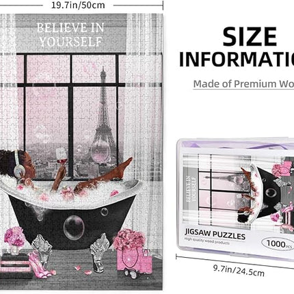 African American Jigsaw Puzzles 1000 Pieces for Adults, Bath Time Drinking Scene, Black Woman Wooden Puzzle for Stress Relief, Challenging Brain Teaser & Home Decor