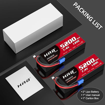 HRB 2packs 2S 5200mAh Lipo Battery with EC5 Plug 7.4V 120C Hardcase RC Lipo Battery Compatible with RC Car Airplane Helicopter Truck Boat