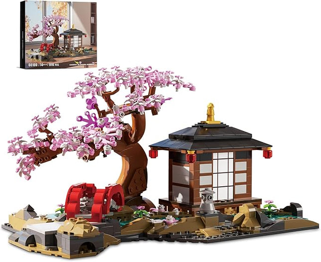 Japanese Garden Building Set, Cherry Blossom Bonsai Tree House Building Block for Adults Japanese Tranquil Garden for Home and Office Decoration Set (916 PCS)