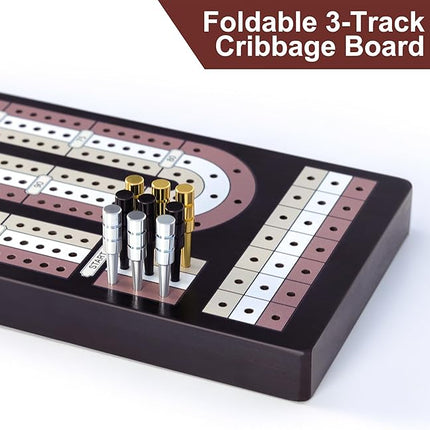 Cribbage Board Game Set - Wooden Foldable 3-Track Board with Magnetic Closure, 9 Metal Pegs, Playing Cards, Portable Family Travel Game for Gatherings and Gifts