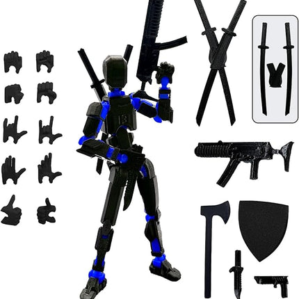 (Assembly Completed) 3D Printed Figure 5.54-inch Dummy13 with Weapon Expansion Set and Bracket, Full Body Mechanical Movable Toy, Desk Decoration. (Black+Blue)