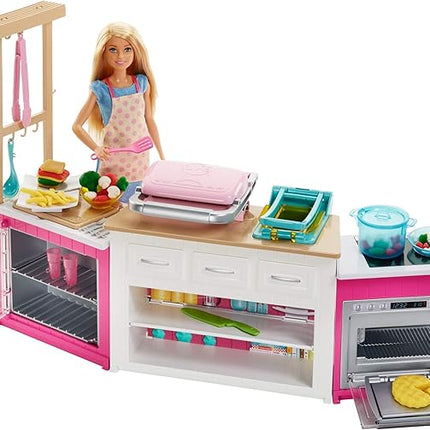 Barbie Kitchen Playset with Doll, Lights & Sounds, Food Molds, 5 Dough Colors and 20+ Accessories