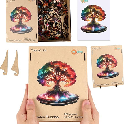 Glowing Tree of Life Wooden Puzzles - 200 Pieces Fantasy Forest Nature Landscape, Irregular Shape Wood Jigsaw Puzzle for Adults, Educational Puzzles for Family Game, 10.5x11.4 in