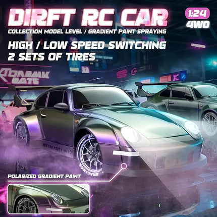 1:24 Scale RC Drift Car with Proportional Tuning & Gyro Control – 25km/h 4WD High Speed, Dual Batteries 50+ Min Play, 2.4GHz Remote – Multi-Surface Drift Tires + LED Lights Storm Drive