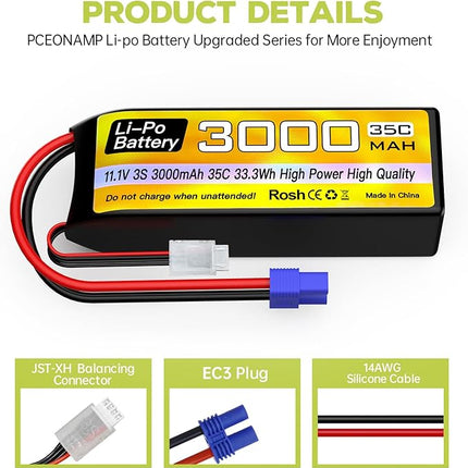 sea jump 3S Lipo Battery 11.1V 3000mAh 35C with EC3 Plug and USB Charging Cable Suitable for RC Car, Truck, Remote Control Boat, RC Quadcopter Aircraft, FPV Drone Battery