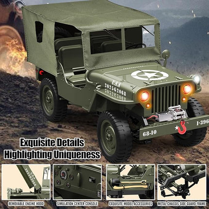 RC Jeep 1/10 Scale Willys Hobby RC Car Off-Road Military Crawler, 2.4Ghz Military Truck 4WD RC Crawler with Light, Tarpaulin, Metal Shaft, 4x4 Off Road Vehicle RTR Jeep Car, 2 Batteries