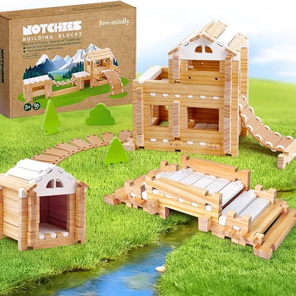 Jovi-mindly＆Notchies 96 PCS Wooden Blocks Wooden Toys with Storage Bag, Preschool Learning Toys Wood Blocks Building for Kids Ages 4-8 Creative Construction Game,FSC Certified,Halloween Gifts