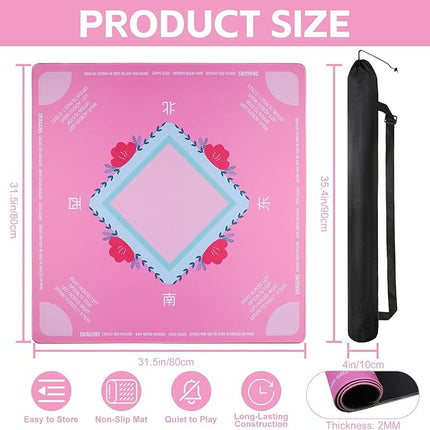 Mahjong Mat, No Creases Mahjong Mat for Table, 31.5x31.5 Inch Anti Slip Noise Reduction Mah jongg Mat, Mahjong Gifts with Carrying Bag, Mahjong Table Mat for Dominoes, Poker, Card, Board Games (Pink)