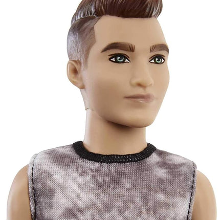 Barbie Ken Fashionistas Doll #176 with Sculpted Brunette Ombre-Tipped Hair Wearing a Sleeveless Tie-dye Shirt, Red Plaid Pants & Black Boots, Toy for Kids 3 to 8 Years Old