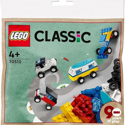 LEGO Classic 30510 90 Years of Cars 71 Piece Iconic Cars Toy Set Polybag with 4 Mini Build Cars for Builders Aged 4 and Up, Multicolor