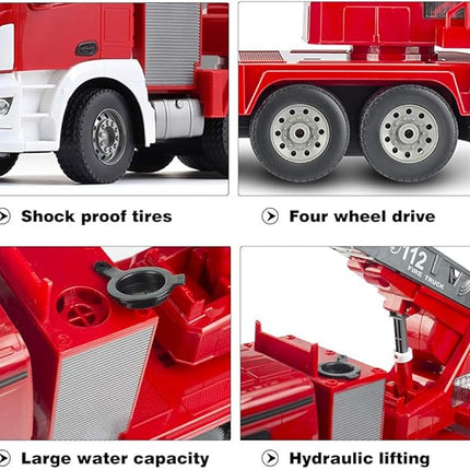 Benz Licensed Remote Control Fire Truck, RC Fire Truck Toy, Rechargeable Construction Truck Toys with Alarm Lights, Hose, Working Water Pump and Rotating Rescue Ladder Fire Truck Toys Gift for Kids
