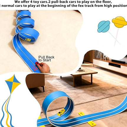 15 Ft Flexible Race Car Track (Daytona Blue) for Kids,Flex Track Starter Set Compatible with Hot Wheels and Diecast 1/64th Cars,Portable Racetrack Roll Up Race Track with 4 Racecars and Suction Cups