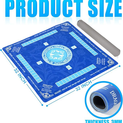 Mahjong Mat with Carrying Bag for Table 32x32 Inch – Non-Slip Noise-Reducing Rubber Mat with Rules for Mahjong, Poker, Card Games, Board Games & Dominoes (Blue)
