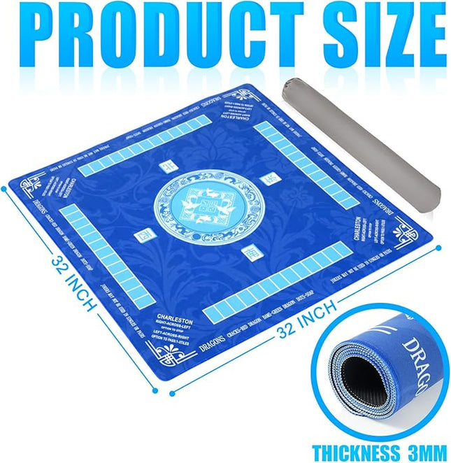 Mahjong Mat with Carrying Bag for Table 32x32 Inch – Non-Slip Noise-Reducing Rubber Mat with Rules for Mahjong, Poker, Card Games, Board Games & Dominoes (Blue)