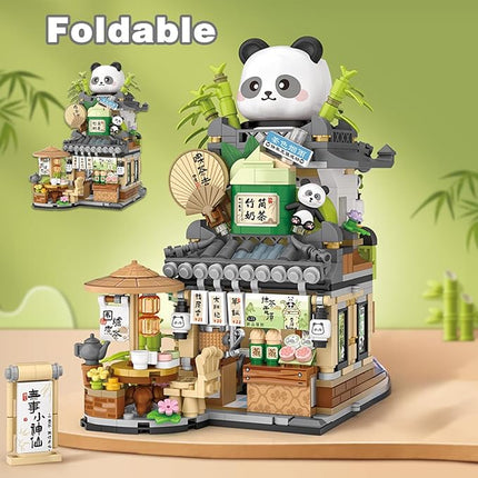 Mini Building Blocks Foldable Bamboo Panda Tea Shop Creative Construction Building Toy 860 Pcs Mini Bricks for Boy Girl Age 7+(Panda)