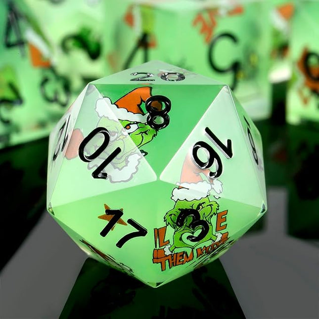 DNDND Full 7 Piece Sharp Edge Dice Set with Carton Stickers for Dungeons and Dragons D&D Table Games (Green with Carton)