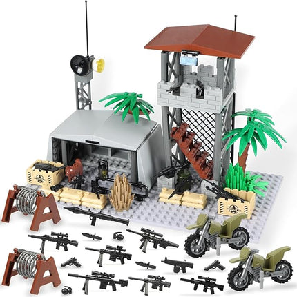 Finger Rock Military Base Building Block Set, WW2 Army Mini War Accessories Kits, Military Ruins Guard Tower Base Guns Army Supplies Block Toy for Teens 14+