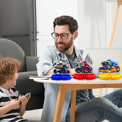 8 Pcs Hot Wheels Birthday Decorations, Cars Happy Birthday Decorations Set Table Centerpiece for Cars Themed Honeycomb Centerpiece