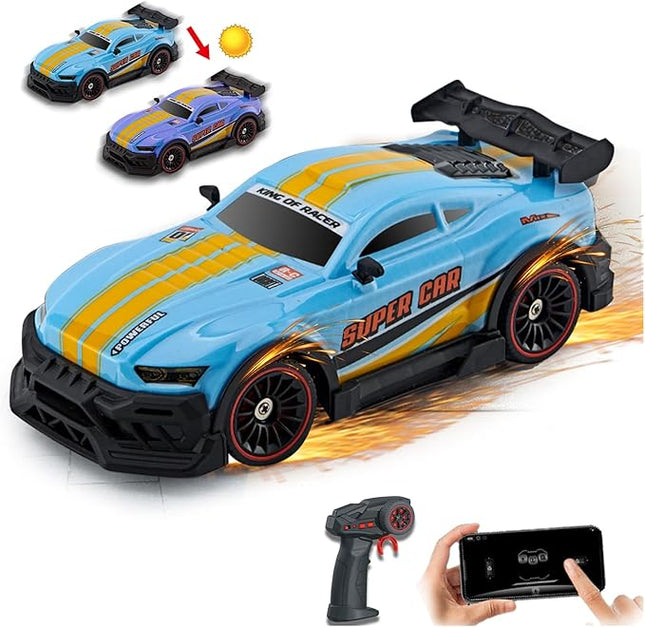 Color-Changing Remote Control Car with Dual Control, 6-Channel 2.4GHz RC Drift Cars with Lights, 2 Tire Sets & 4 Cones, High Speed Racing Toy for Boys, Birthday Gifts for Kids (A: Blue-Purple)