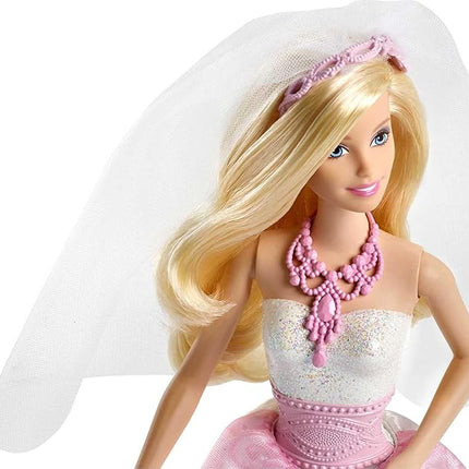 Barbie Bridal Fashion Doll Clothes & Accessories Set, Blonde Bride in Fantasy-Inspired White & Pink Wedding Dress with Ring, Veil & Bouquet