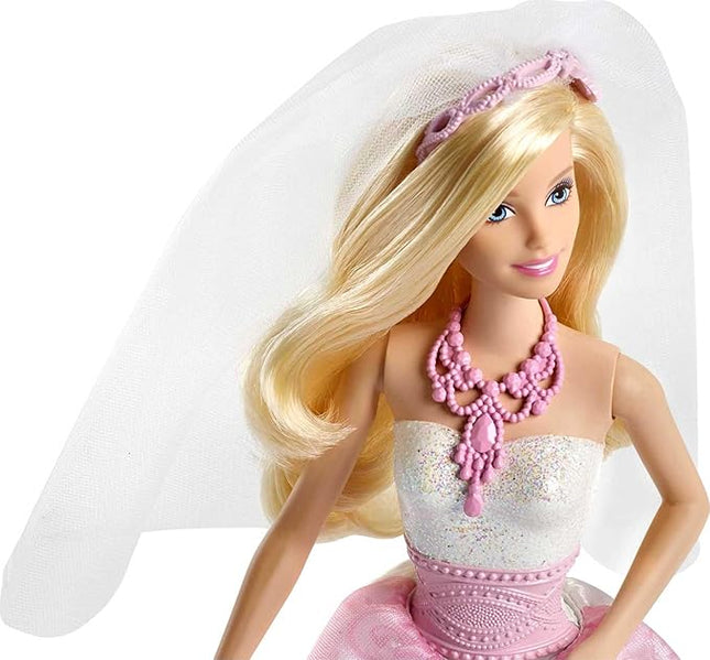 Barbie Bridal Fashion Doll Clothes & Accessories Set, Blonde Bride in Fantasy-Inspired White & Pink Wedding Dress with Ring, Veil & Bouquet