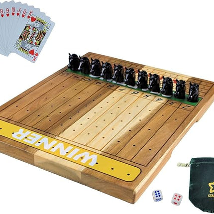 Metal Horse Race Board Game Set with Horse Racing Thick & Solid Wood Game Board, 11 Luxurious & Durable Classic Black Colored Metal Craft Horses, Dice and Cards for Horseracing (HR-652)