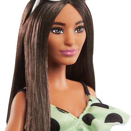 Barbie Fashionistas Doll #200 with Brunette Hair, Green Polka Dot Romper & Accessories Including Orange Heels & Sunglasses