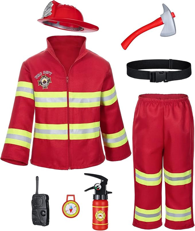 Kid's Fireman Firefighter Costume Toys with Complete Accessories for Boys and Girls Birthday Halloween Party Dress Up Red 6-7 Years