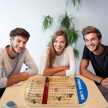 Large 21 Inches Horse Racing Board Game with 11 Luxury Metal Horses Thickened Wood Finish Line Horse Race Game Chessboard Including Dices and Cards (Log,Oval)