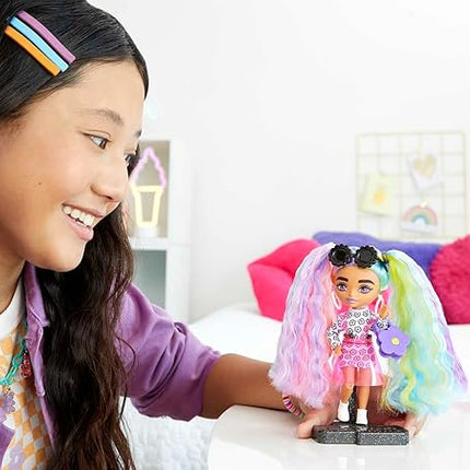Barbie Extra Minis Doll #6 Wearing Flower Print Dress with Rainbow Hair, Doll Stand & Accessories Including Sunglasses & Purse, 5.5-inch