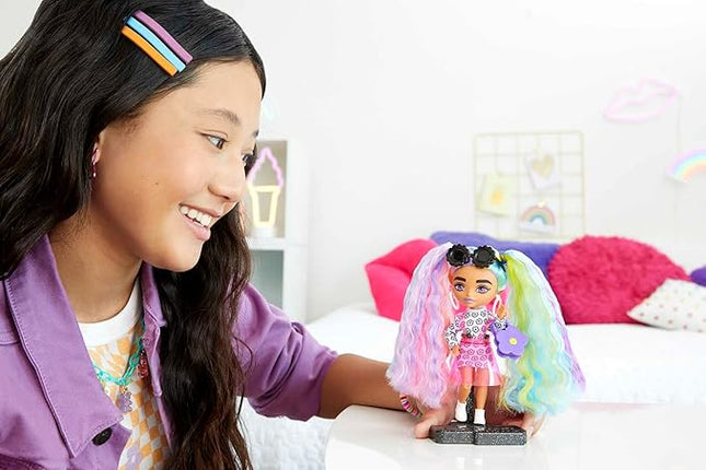 Barbie Extra Minis Doll #6 Wearing Flower Print Dress with Rainbow Hair, Doll Stand & Accessories Including Sunglasses & Purse, 5.5-inch